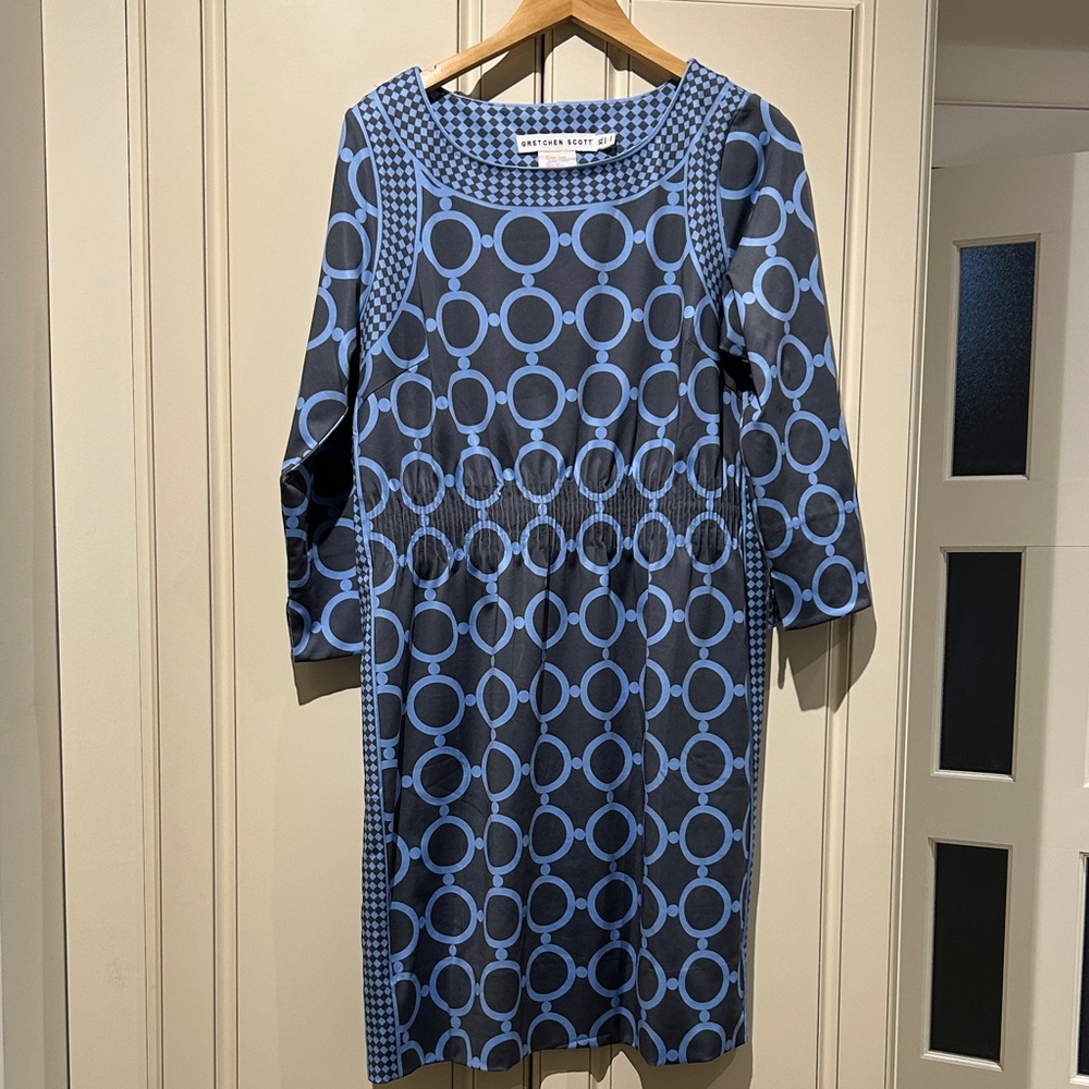 Gretchen Scott Designs Grey and Blue Cinch Dress Dip & Dot